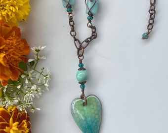Artisan Enameled Pendant Verde Terra Agate and Amazonite Handmade Wire Wrapped Gemstone & Copper Chain Boho Necklace