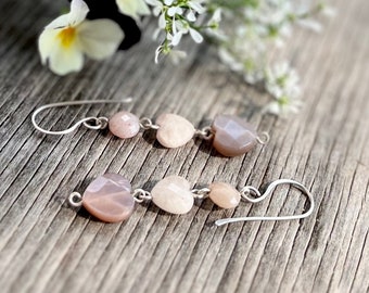 Pink Gemstones Beryl & Peach Moonstone Hearts Handmade Dangle Earrings Sterling Silver
