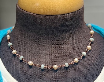 Freshwater Pearls & Amazonite Handmade Dainty Copper Choker Necklace