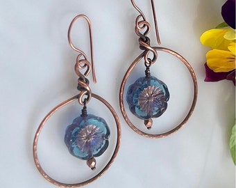 Handmade Hammered Copper Hoop Earrings with Light Blue Hibiscus Glass Flowers Boho Earrings