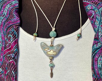 FLY - Ceramic Artisan Bird Pendant Adjustable Leather with Glass Beads Boho Necklace