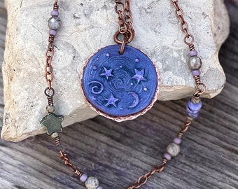 Celestial Bodies- Artisan Pendant Hand Hammered Copper Purple Wave Agate & Pyrite Stars Wire Wrapped Gemstone Double Chain Boho Necklace