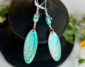 Artisan Blue Enamel & Mixed Metal Handmade Boho Dangle Earrings with Blue Crazy Lace Agate