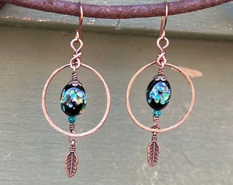 Artisan Handmade Hoops with Vintage Japanese Lampwork Glass Beads Copper Boho Dangle Earrings