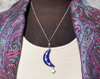 Moon & Stars - Artisan Enameled Crescent Moon Pendant with Moonstone and Pyrite Handmade Wire Wrapped Gemstone Silver Chain Boho Necklace