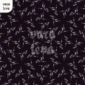 May include: A dark purple fabric pattern featuring a repeating motif of stylized birds with white wing details and small orange beaks. The text "vara leva" appears in the top left corner and is repeated in the center in a gothic font style.