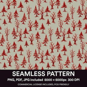 Red Pine Tree Seamless Pattern, Scandinavian Winter Forest Fabric Design