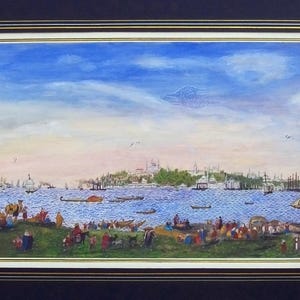 May include: A panoramic painting depicting a bustling waterfront scene with numerous small boats on a blue body of water, a grassy foreground filled with many figures in traditional attire, and a distant cityscape under a soft, light blue sky.