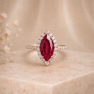 Marquise Cut Ruby & Moissanite Halo Ring, Ruby Engagement Ring, July Birthstone Anniversary Ring Gift for Her, Moissanite Pave Set Band Ring