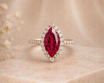 Marquise Cut Ruby & Moissanite Halo Ring, Ruby Engagement Ring, July Birthstone Anniversary Ring Gift for Her, Moissanite Pave Set Band Ring