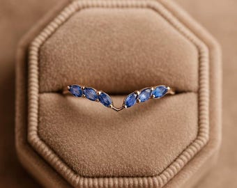 Blue Sapphire Chevron Ring • Dainty Marquise Stacking Band