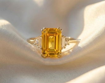 2CT Emerald Cut Citrine Yellow Engagement Ring, November Birthstone Gift, Solitaire Anniversary Ring For Wife, Girl's Statement Promise Ring