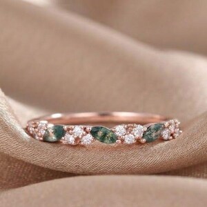 Vintage Marquise Moss Agate Diamond Band – Stackable Gold Wedding Ring
