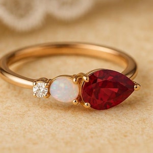 Pear Ruby Opal Moissanite Ring, Three Stone Gold Ring, October July Birthstone Ring, Handmade Minimal Jewelry Gift for Her