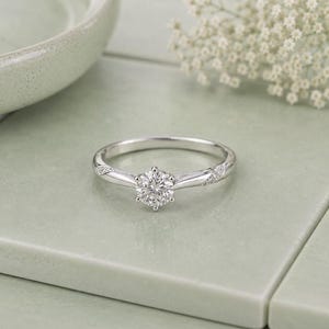 Könnte beinhalten: Ein silberfarbener Ring mit einem einzelnen runden Brillantschliff-Stein, der von sechs Krappen gehalten wird. Die Ringschiene ist glatt gearbeitet und enthält kleine Pavé-gefasste Steine, die beidseitig an den Schultern des Rings sitzen.
