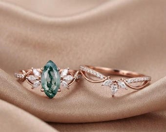 Vintage Moss Agate Marquise Ring Set, Rose Gold Art Deco Bridal Jewelry
