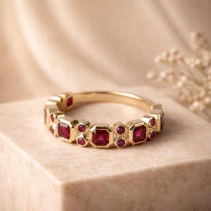 Vintage Ruby Wedding Band, Princess-Cut Ruby Ring, July Birthstone, Bezel Setting Band, Ruby Engagement Ring Half Eternity Christmas Gift