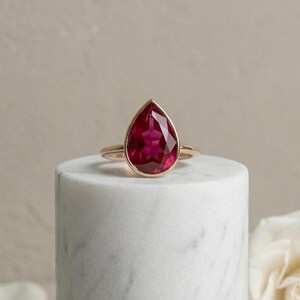 Pear Cut Red Ruby Ring in Gold Plated Teardrop Statement Ring for Women