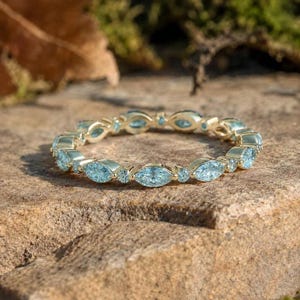 Aquamarine Eternity Ring, Marquise Cut Blue Gemstone, Art Deco Stackable Band (925 Sterling Silver )