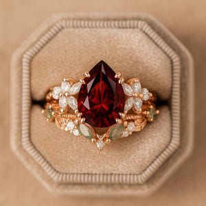 Peut inclure: Une bague en or rose ornée d'une grande pierre centrale grenat rouge profond taillée en poire. L'anneau est décoré de petites pierres blanches taille marquise en forme de fleurs, ainsi que de pierres vertes taille marquise et de petits accents ronds.