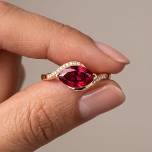 Marquise Ruby Promise Ring, 14K Gold Plated Sterling Silver Bypass Ring, July Birthstone Anniversary Gift for Her, Lab Created Ruby