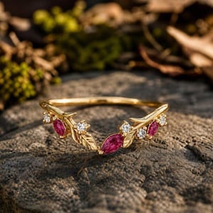 Silver Ruby Leaf Branch Ring, Marquise Cut Gemstone, Nature Inspired Engagement Band, Botanical Wedding Ring, Dainty Gift for Her