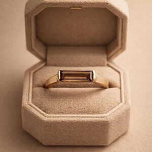 Baguette Smoky Quartz Gold Bar Ring, Minimalist Dainty Promise Ring.