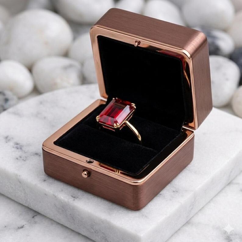 May include: A gold ring featuring a large, rectangular, emerald-cut red gemstone set in a four-prong setting. The ring is displayed inside an open, square, metallic brown jewelry box with a black velvet interior lining.