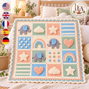 May include: A square crochet baby blanket featuring a grid of sixteen squares with pastel-coloured motifs including grey elephants, cream clouds, stars, hearts, rainbows, and polka dots. The blanket has a scalloped border in cream and blue.