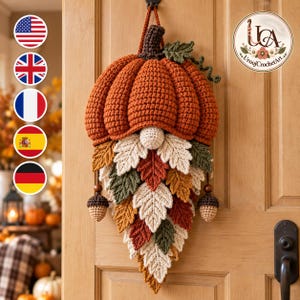Crochet Pumpkin Gnome Pattern PDF | Fall Gnome Amigurumi | Autumn Door-Hanging Decoration with Layered Leaf-Beard | Thanksgiving Download
