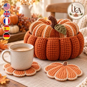 Può includere: Un contenitore all'uncinetto a forma di zucca con gambo marrone e foglia verde, accompagnato da due sottobicchieri abbinati a forma di zucca. Una tazza in ceramica color bianco sporco maculato poggia su uno dei sottobicchieri.