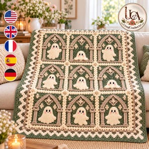 Ghost Crochet Blanket Pattern PDF, Nine Gothic Window Squares with Ivory Ghost Appliques, Sage Green Backgrounds and Floral Border