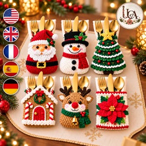 May include: Six crochet cutlery holders featuring Christmas designs including Santa Claus, a snowman, a tree, a gingerbread house, a reindeer, and a poinsettia. Each holder contains a gold-toned fork, knife, and spoon set.