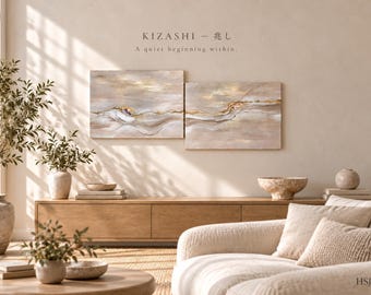 KIZASHI 兆し— Original Textured Abstract Painting Diptych, Set of 2, Ivory & Gold Wall Art, Handmade in Japan