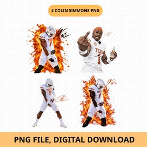 May include: A digital collection of four images featuring a football player in a white Texas jersey with the number 1. Two images show the player surrounded by orange flames, one shows the player holding a bottle, and one shows the player standing.