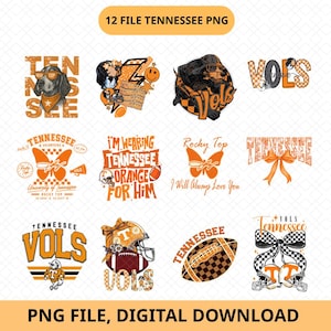 Puede incluir: Una colección de 12 diseños gráficos digitales con temas de Tennessee, que incluyen ilustraciones de perros, balones de fútbol, mariposas, lazos y cascos en colores naranja, blanco y negro con textos como Tennessee, Vols y Rocky Top.
