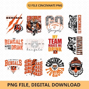May include: A collection of 12 digital graphic designs featuring Cincinnati Bengals football themes. The set includes tiger illustrations, football imagery, lightning bolts, and text such as Cincinnati, Bengals, and My Team Makes Me Drink in orange, black, and white.