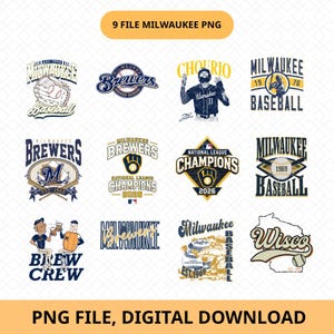 May include: A collection of twelve digital graphic designs featuring Milwaukee baseball themes, including team logos, player illustrations, championship emblems, and state outlines with text like Milwaukee Brewers, National League Champions, and Brew Crew.