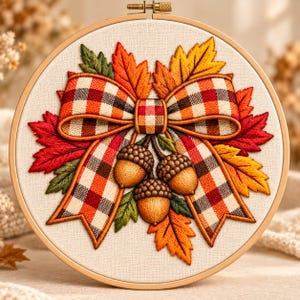 Fall Bow Embroidery Design, Buffalo Plaid Autumn Bow with Acorns and Leaves, Thanksgiving Machine Embroidery File, Digital Download