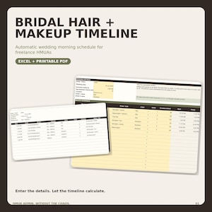 Könnte beinhalten: Eine digitale Vorlage für einen Braut-Haar- und Make-up-Zeitplan mit dunkelbrauner Kopfzeile und weißem Text BRIDAL HAIR + MAKEUP TIMELINE. Das Dokument enthält einen automatischen Zeitplan für freiberufliche Visagisten in Excel- und PDF-Formaten und zeigt Tabellen mit Spalten für Service, Künstler, Reihenfolge, Dauer, Start- und Endzeiten.