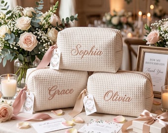 Pochette per il trucco personalizzata con ricamo, trousse cosmetica con nome personalizzato, regalo per la proposta di damigella d'onore, pochette da viaggio per articoli da toilette da donna