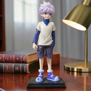 May include: A standing anime-style figurine of a character with spiky light purple hair, wearing a white short-sleeved shirt over a dark blue long-sleeved mock neck top, dark purple shorts, and blue and light purple sneakers on a black base.