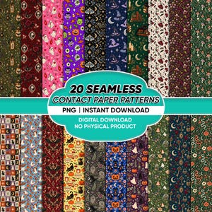 May include: A digital collection of 20 seamless contact paper patterns featuring various motifs including ghosts, pumpkins, bats, skulls, cats, witches' hats, and celestial elements in diverse color palettes like dark green, purple, and orange.
