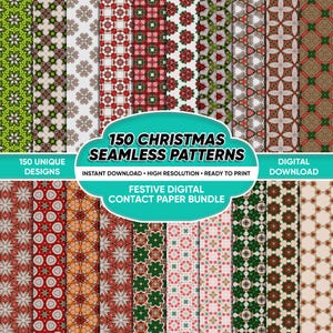 May include: A collection of 150 seamless patterns featuring various festive designs in red, green, white, and gold. The image displays repeating geometric, floral, and star motifs arranged in vertical strips with the text 150 CHRISTMAS SEAMLESS PATTERNS.