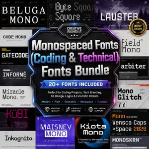 Puede incluir: Una pantalla gráfica digital que presenta una colección de fuentes monoespaciadas titulada Monospaced Fonts (Coding & Technical) Fonts Bundle. El emblema central en forma de escudo destaca más de 20 fuentes incluidas, con nombres como Beluga Mono, Byte Square, Lauster, Code Mono, Gatecode, Field Mono, Informé, Miracle Mono, Mono Glitch, Kübi Code, Maisney Mono, Kiota Mono, Vensca Caps y Monoskrn.