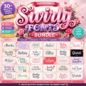 May include: A digital font bundle graphic featuring the text The Ultimate Swirly Fonts Bundle in large pink 3D lettering, surrounded by pink roses and floral accents. The image displays a grid of over thirty sample font names in various styles.