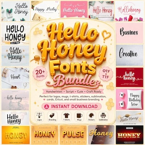 May include: A digital promotional graphic for a Hello Honey font bundle featuring large, 3D, golden, honey-dripping typography. The image displays various font styles, icons for logos, branding, t-shirts, mugs, stickers, and sublimation, with text including 20+ Fonts, OTF + TTF, and Instant Download.