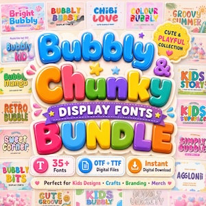 以下が含まれることがあります： Bubbly & Chunky Display Fonts Bundleというテキストが、カラフルで立体的なバブル文字で大きく描かれたデジタルグラフィック。画像には、35種類以上のフォント、OTFおよびTTFファイルを示す小さなフォントサンプル、アイコン、テキストラベルが含まれています。