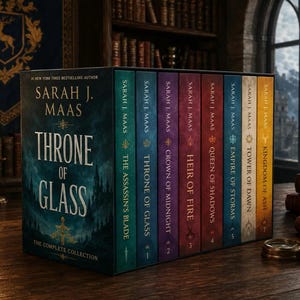 May include: A complete book collection box set titled Throne of Glass by Sarah J. Maas. The set includes eight volumes with colourful spines featuring titles like The Assassin's Blade, Crown of Midnight, Heir of Fire, Queen of Shadows, and Kingdom of Ash.