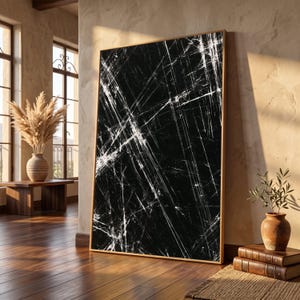 Black and White Abstract Canvas, Modern Scratched Lines Wall Art, Minimalist Home Decor, Contemporary Canvas Design, Bold Artistic Statement
